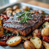 Juicy Father's Day steak and potato sheet pan dinner, roasted to perfection with colorful veggies.