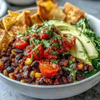 Vibrant plant-based taco bowl bursting with black beans, corn, and salsa.